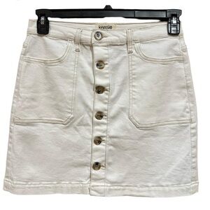 Kensie Vintage Cream/White Button-Front Stretch Denim Skirt